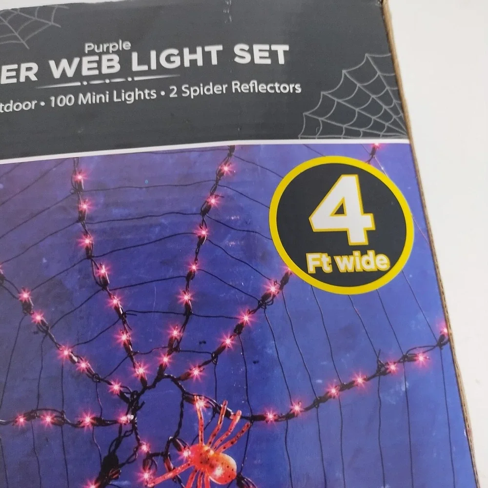 100 Ct Spider Web Shape Purple Light Set 2 Spider Reflectors Halloween Decor